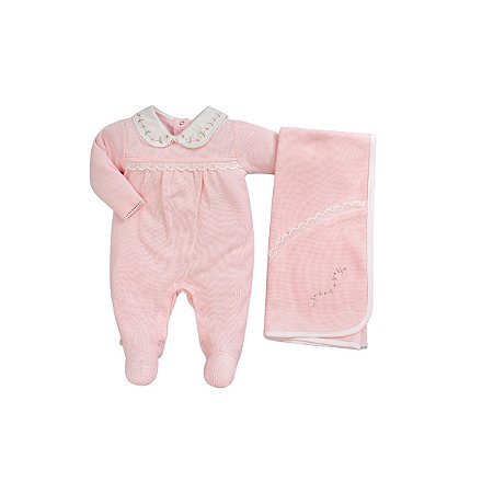 Kit Macacão longo Gola Bordada Feminino Com Manta Rosa
