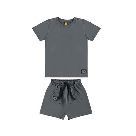Conjunto Infantil Camiseta e Bermuda Básico Cinza Escuro