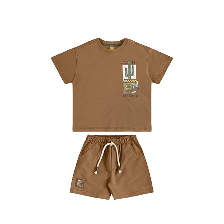 Conjunto Infantil Camiseta e Bermuda Estampa Deserto Marrom