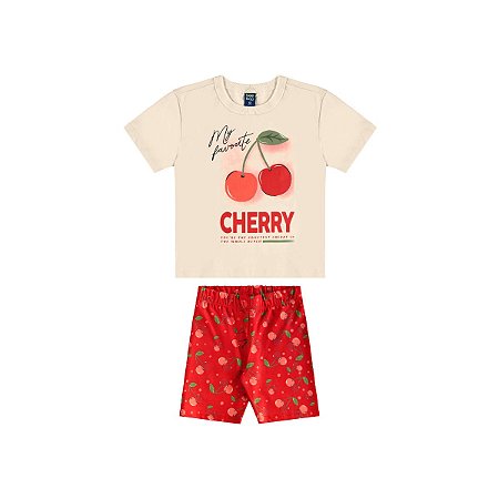 Conjunto Blusa Meia Malha Cherry Bege e Short Ciclista Cotton