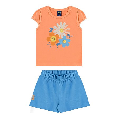 Conjunto Blusa Meia Malha e Short Moletom Flores Rosa