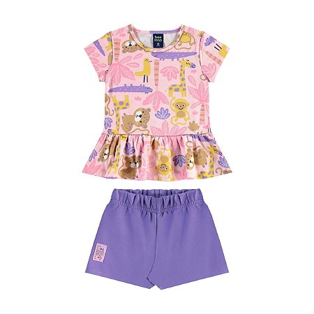 Conjunto Blusa Manga Curta Cotton e Short Moletom Bichos