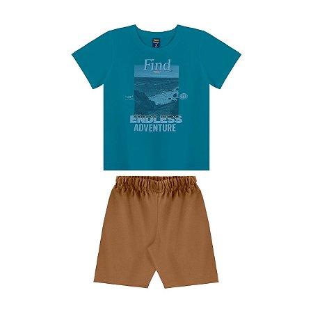 Conjunto Camiseta Malha e Bermuda Moletom Aventura Azul Petróleo