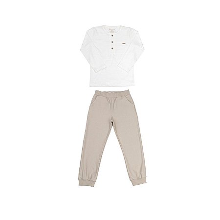 Conjunto Longo Blusa em Malha Leve em Algodão e Calça em Molecotton Comfort Creme