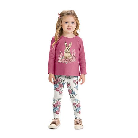 Conjunto Blusa Algodão Conforto e Legging Rosa Hibisco