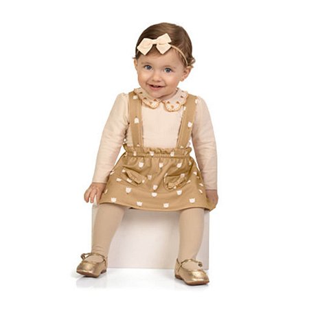 Conjunto Jardineira em Moletom Peluciado e Body Cotton Bege