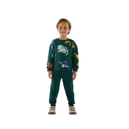 Conjunto Blusão e Calça em Moletom sem Felpa Dino Verde