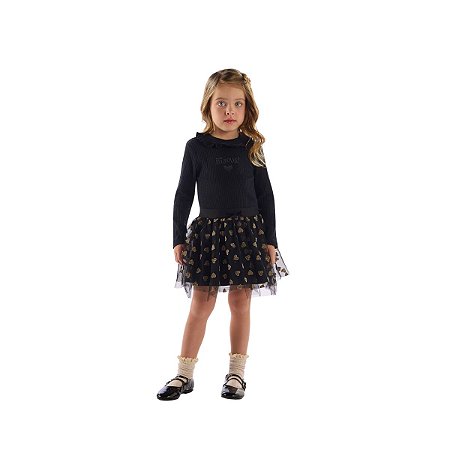 Conjunto Blusa Ribana e Saia Tule Coração com Short Interno Preto