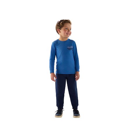 Conjunto Camiseta Malha e Calça em Moletom Azul