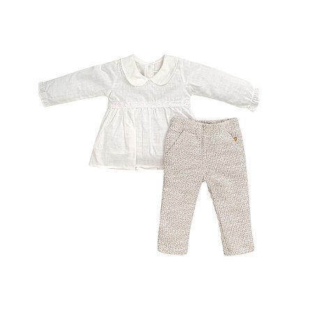 Conjunto Bata Manga Longa e Calça Tweed Off White
