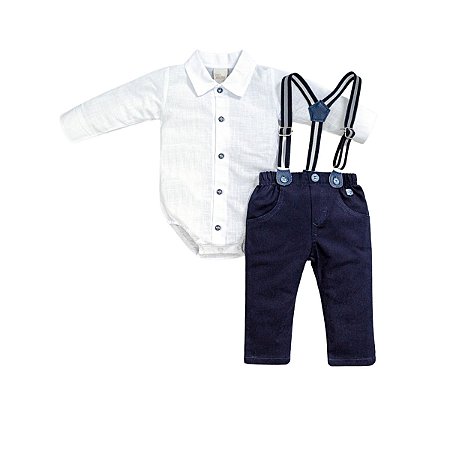 Conjunto Body Camisa Manga Longa e Calça Sarja Azul Marinho