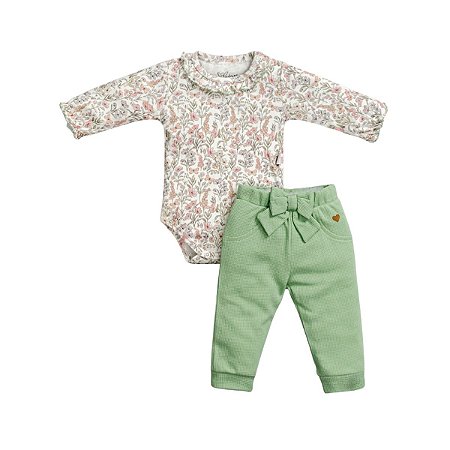 Conjunto Body e Calça Malha Trabalhada Verde