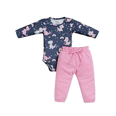Conjunto Body Manga Longa Estampado e Calça Rosa
