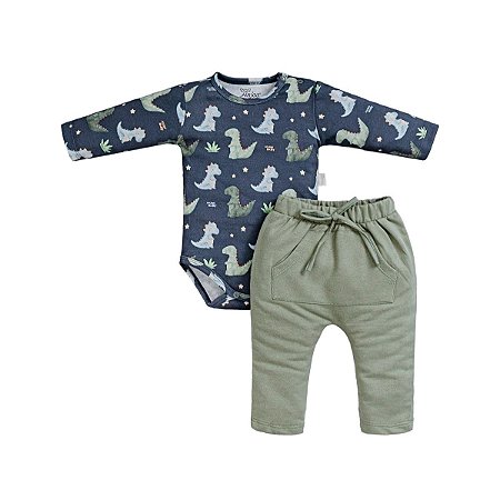 Conjunto Body Manga Longa Estampado e Calça Verde