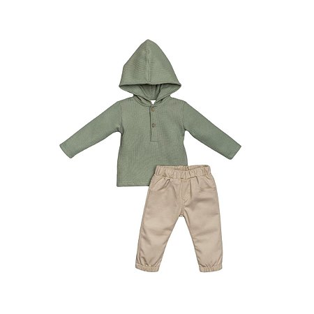 Conjunto Camiseta Manga Longa com Capuz e Calça Sarja Verde