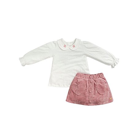 Conjunto Manga Longa  com Saia Veludo Rose