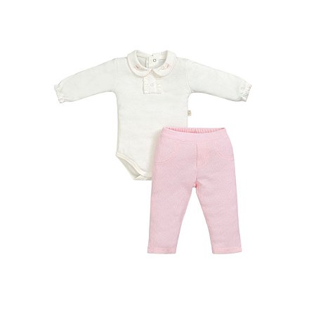 Conjunto Body Manga Longa Bordado e Calça