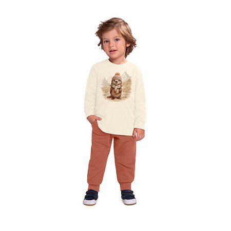 Conjunto Camiseta em Meia Malha e Calça Moletom Sem Felpa Bege