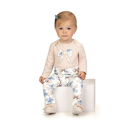 Conjunto Body e Legging em Algodão com Elastano Laço Bege