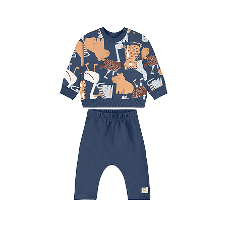 Conjunto Blusão Felpado e Calça Molecotton Azul Estampa Animais