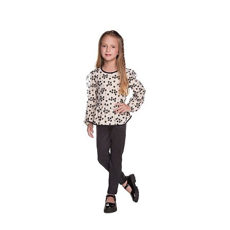 Conjunto Infantil Amsterdã Blusa Tule Flocado e Legging Cirrê