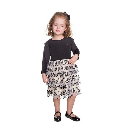 Vestido Amsterdã Veludo Meia Malha e Tule Flocado Preto