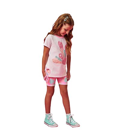 Conjunto Infantil Blusa e Bermuda Ciclista Off White Estampa Love