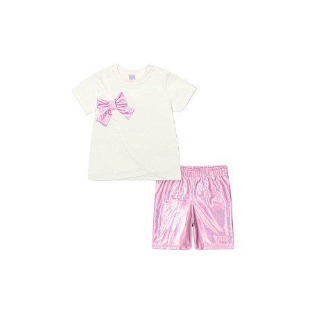 Conjunto Infantil Blusa Off White com Laço e Bermuda Ciclista Rosa