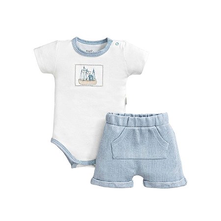 Conjunto Body Bordado Manga Curta e Short em Malha Tricot Menino