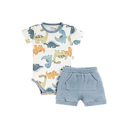 Conjunto Body Manga Curta Estampado e Short em Malha Tricot