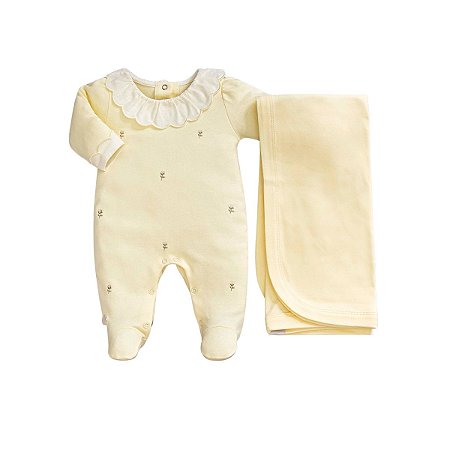 Kit Macacão Longo com Manta em Suedine Bordado Menina Amarelo