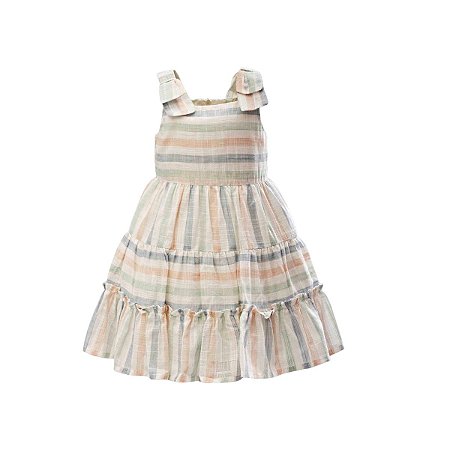 Vestido Maquinetado Listrado com Babados