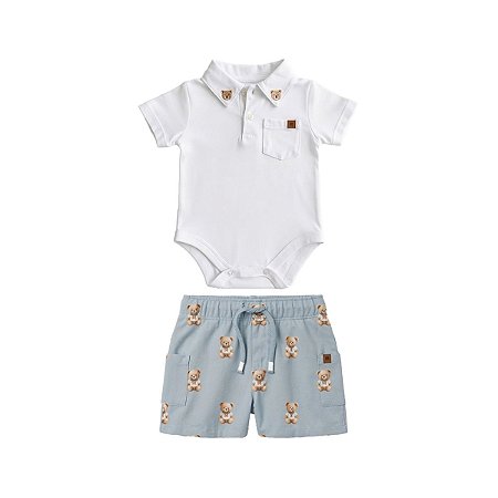 Conjunto Bebê Body Polo e Jardineira Estampa Ursinhos Branco