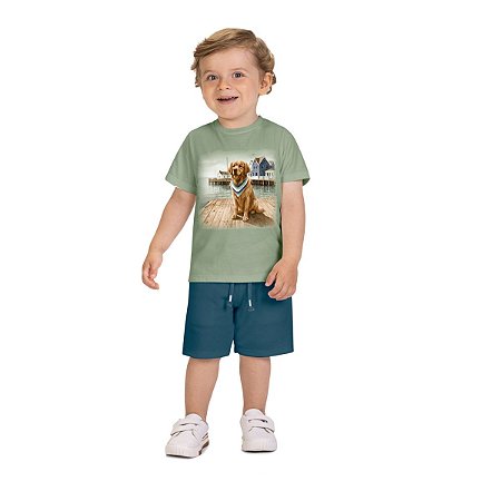 Conjunto Infantil Camiseta e Bermuda Cachorro Verde