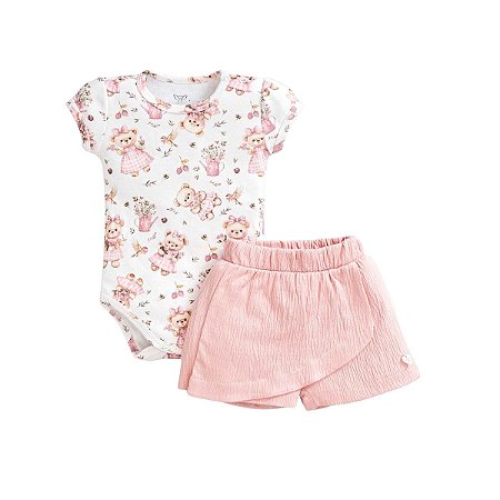 Conjunto Body Manga Curta e Short Saia em Malha Anarruga
