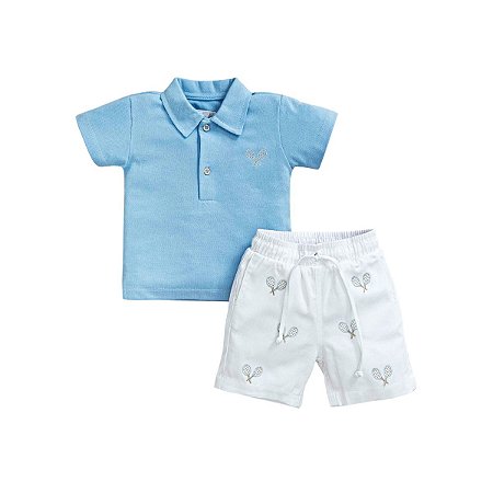 Conjunto Camiseta Polo Manga Curta e Bermuda Sarja Azul