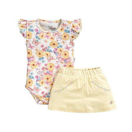 Conjunto Body Floral Manga Curta e Short Saia em Suedine