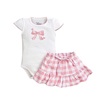 Conjunto Body Manga Curta Bordado e Short em Malha Anarruga