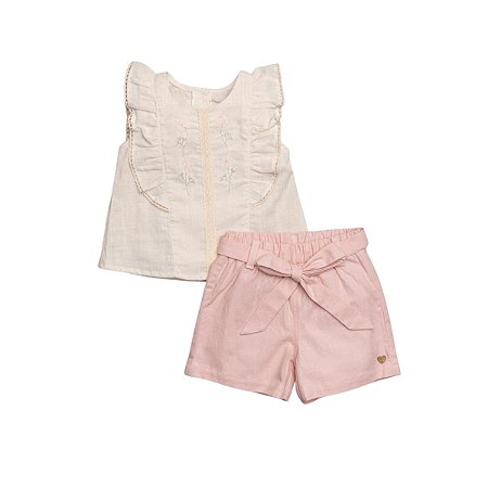 Conjunto Bata em Linho Bordada e Short com Laço