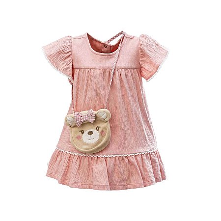 Vestido Manga Curta em Malha Anarruga com Bolsa Ursinha Rosê