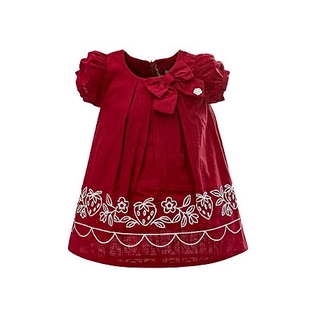 Vestido em Tricoline Flamê Bordado Morangos Vermelho