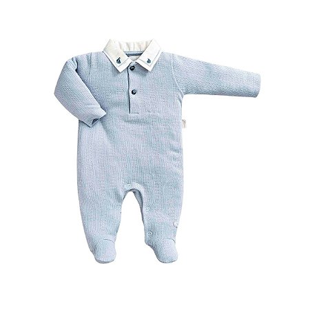 Macacão Longo em Malha Tricot com Gola Polo Azul