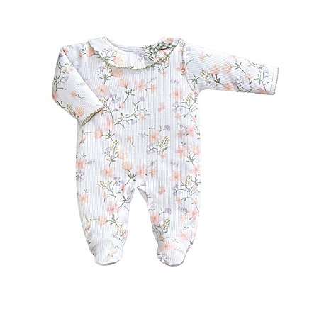 Macacão Longo em Suedine Canelada Floral Branco