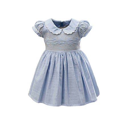 Vestido em Tricoline Flamê Bordado com Gola Azul