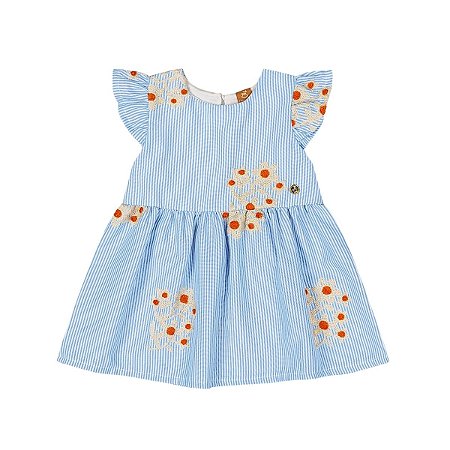 Vestido Listrado com Bordado Floral Azul