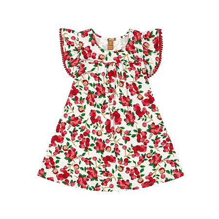 Vestido Manga Curta em Cotton Estampado Off White