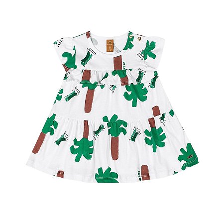 Vestido Meia Malha Estampa Coqueiros Branco