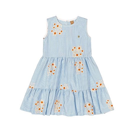 Vestido Listrado com Bordado Floral Azul