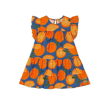 Vestido Meia Malha Estampa Laranjas Azul Petróleo