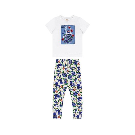 Conjunto Blusa e Calça Cotton Estampa Frutinhas Branco